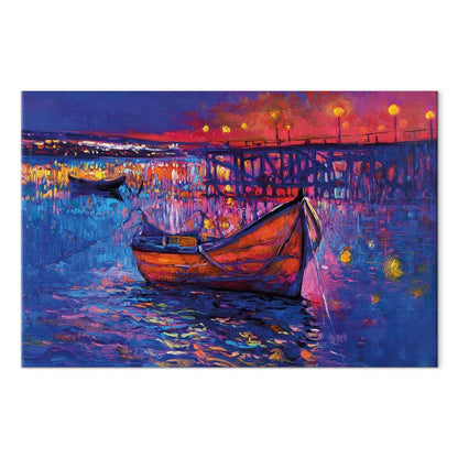 Leinwandbild - Modern impressionism - night landscape of a lake with a floating boat
