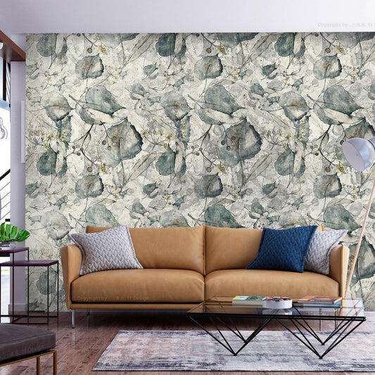Fototapete - Autumn souvenirs - cool grey floral pattern with leaves Artgeist