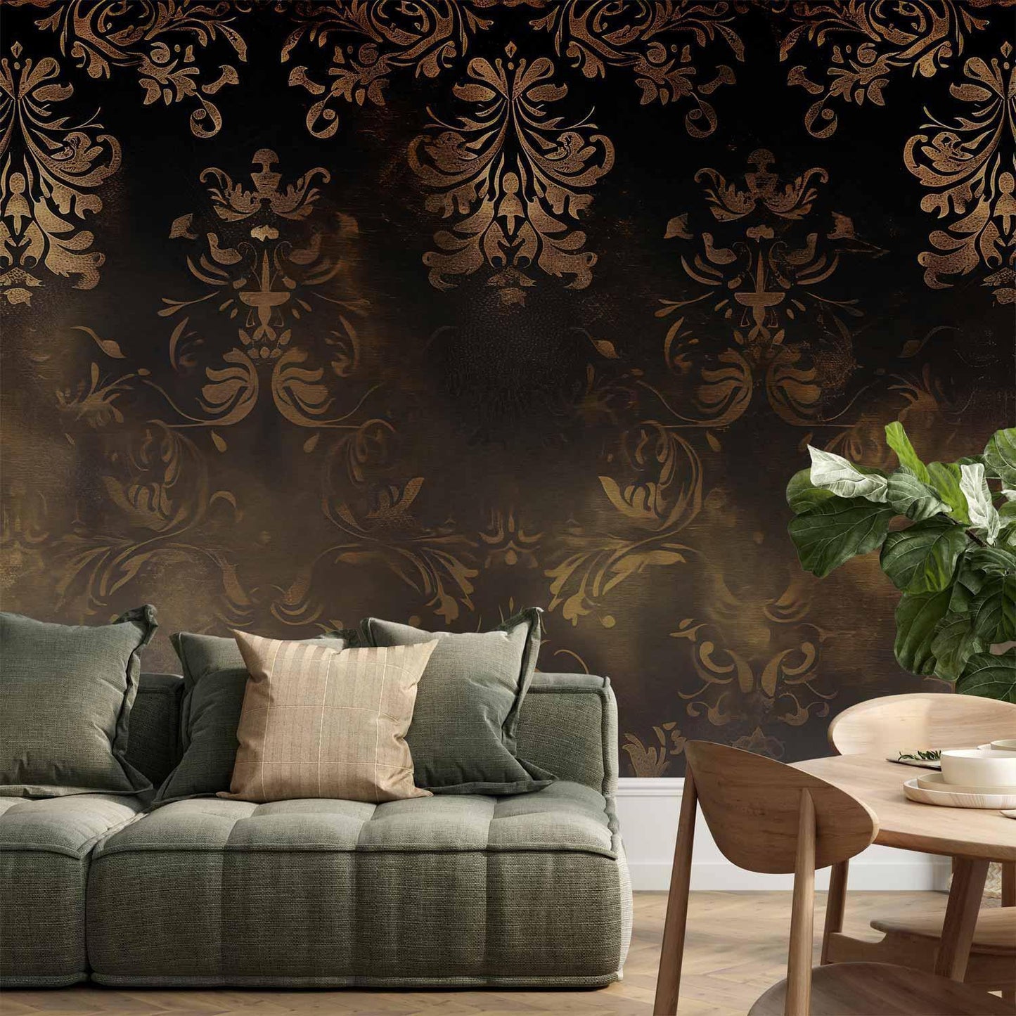 Fototapete - Baroque Ornaments in Patinated Gold and Browns: Retro Motif Artgeist