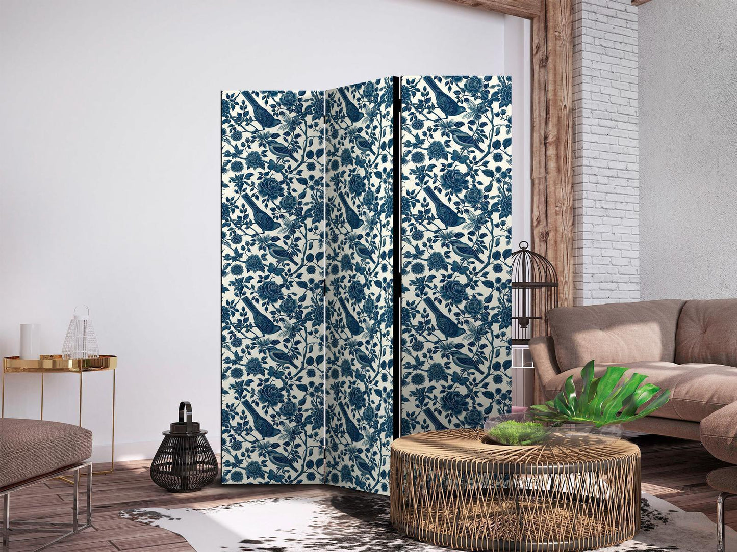 Paravent "Blaue Vögel auf Rosenranken" – Elegante Romantik in sanften Farben