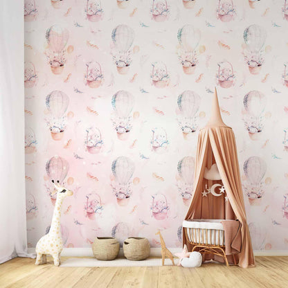 Fototapete - Solid pattern with feathers - hares in a basket and in a balloon for children