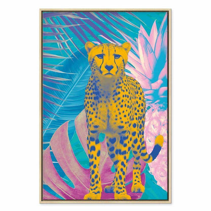 Leinwandbild - Exotic Leopard - Colorful Portrait of a Cheetah Against Tropical Leaves