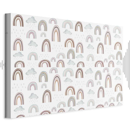 Leinwandbild - Rainbows After the Storm - Rainbows of Various Sizes in Pastel Hues Among Rain Clouds in a Gray-Blue Shade