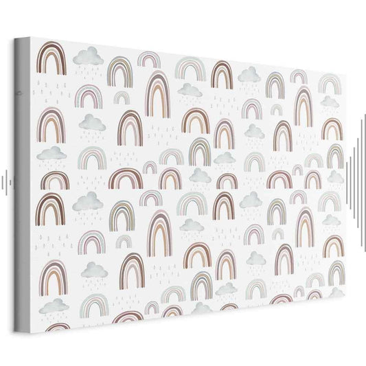 Leinwandbild - Rainbows After the Storm - Rainbows of Various Sizes in Pastel Hues Among Rain Clouds in a Gray-Blue Shade