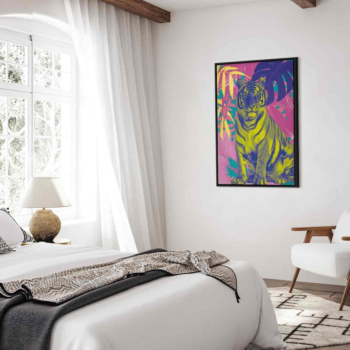 Leinwandbild - Colorful Tiger - Intense Colors of a Tiger Surrounded by Tropical Plants