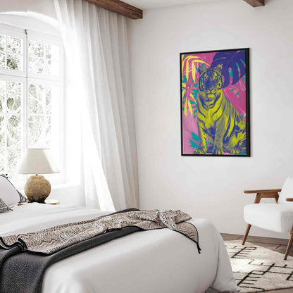 Leinwandbild - Colorful Tiger - Intense Colors of a Tiger Surrounded by Tropical Plants