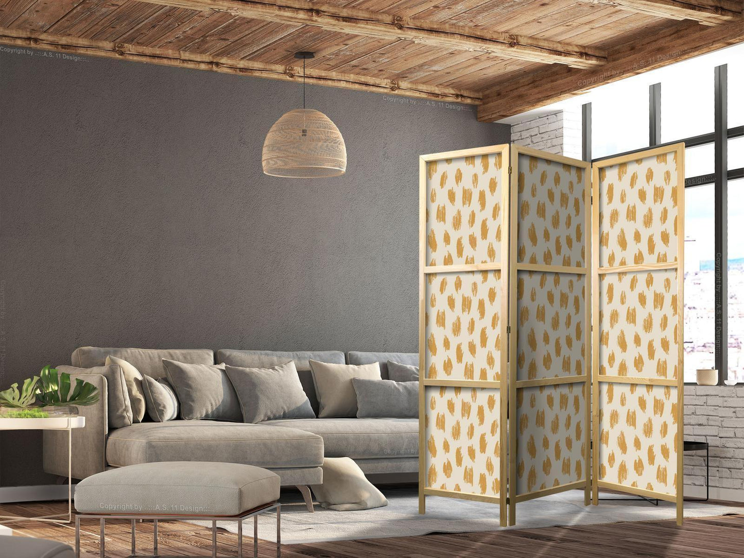 Japanischer Paravent - Drawn Pattern in Dots and Spots - in Shades of Orange and Ecru Artgeist