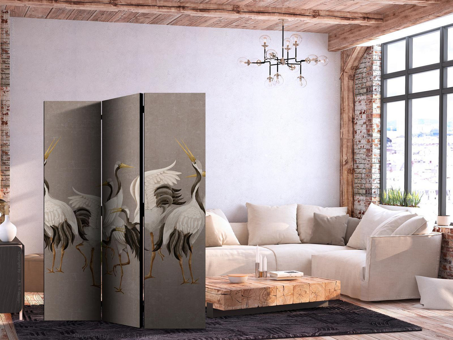 Paravent - Crane dance - bright silhouettes of birds on a warm grey background with texture