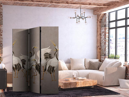 Paravent - Crane dance - bright silhouettes of birds on a warm grey background with texture