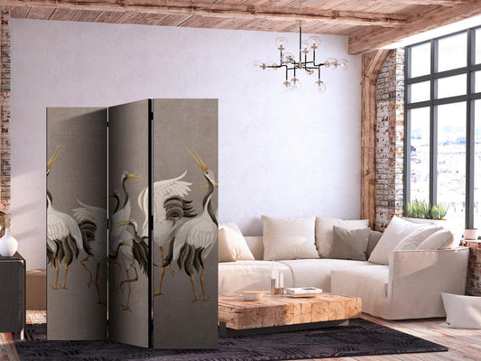 Paravent - Crane dance - bright silhouettes of birds on a warm grey background with texture