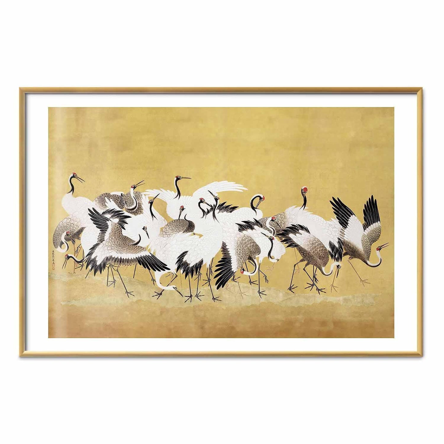 Poster - Japanese Cranes - a flock of birds against a golden background based on the painting of Ishida Yūtei