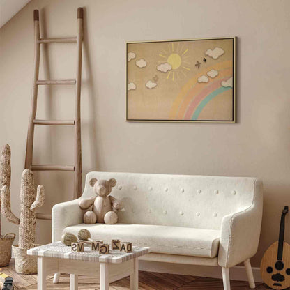 Leinwandbild - Holiday Sky - Sunny Day with a Rainbow and Flying Birds