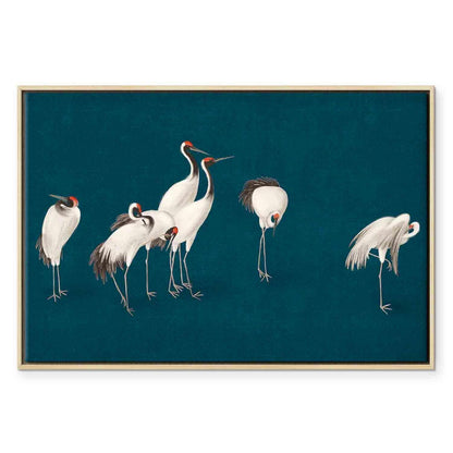 Leinwandbild - Evening by the pond - a group of cranes drawn in dry pastel on a dark turquoise background