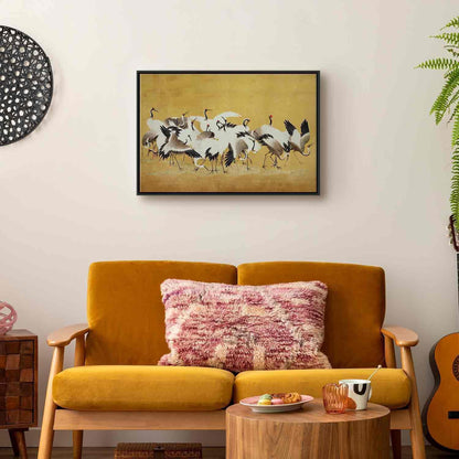 Leinwandbild - Japanese cranes - a flock of birds against a golden background based on a painting by Ishida Yūtei