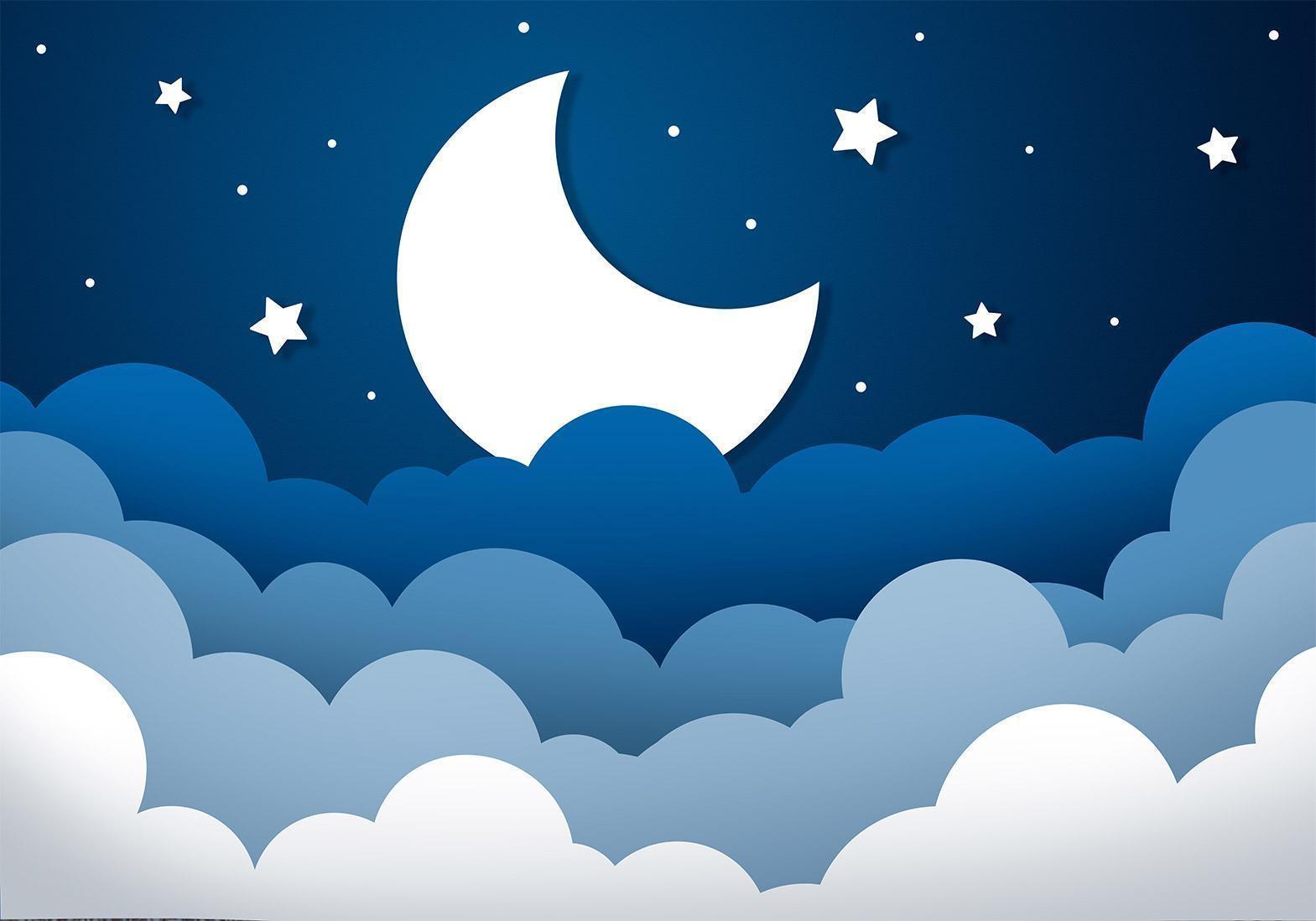 Fototapete - Moon dream - clouds on a dark blue sky with stars for children Artgeist