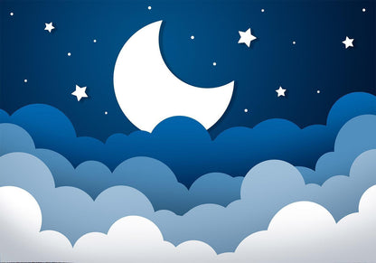 Fototapete - Moon dream - clouds on a dark blue sky with stars for children Artgeist
