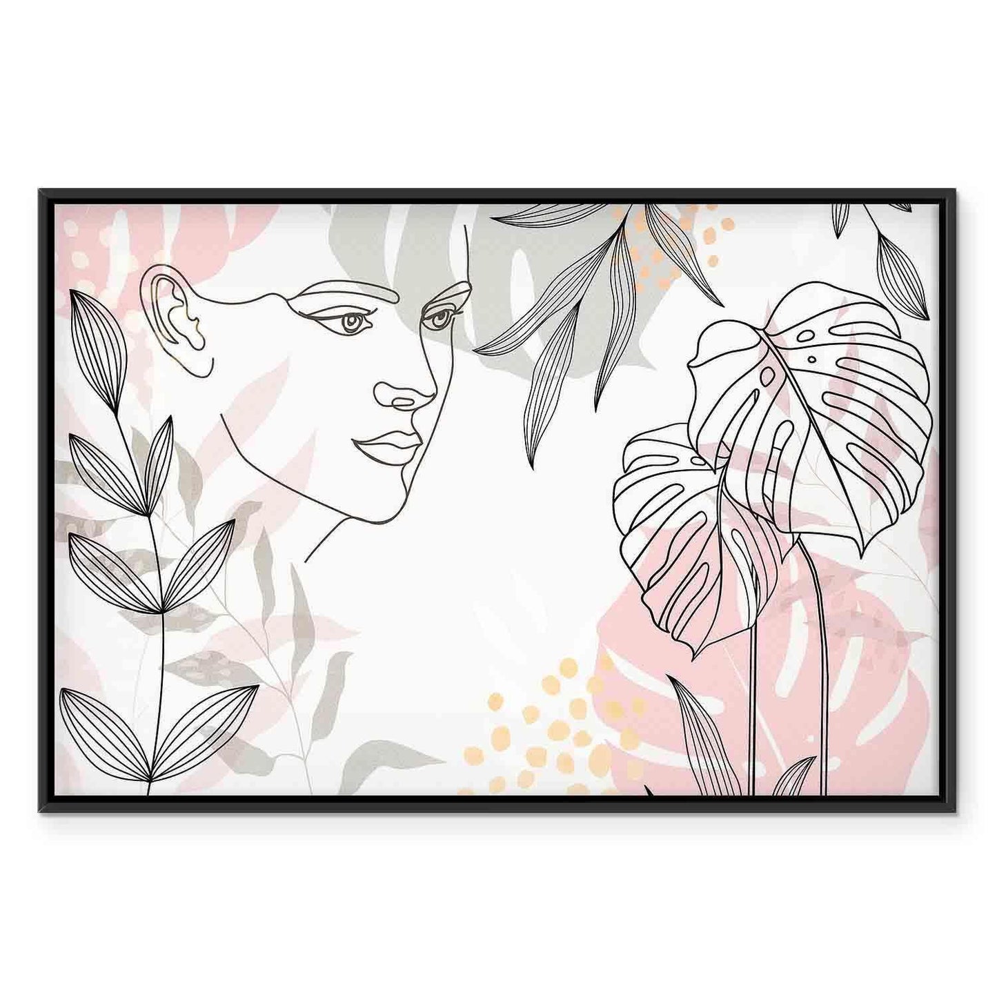 Leinwandbild Frau mit Monstera Blättern – Moderne Line Art