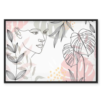 Leinwandbild Frau mit Monstera Blättern – Moderne Line Art