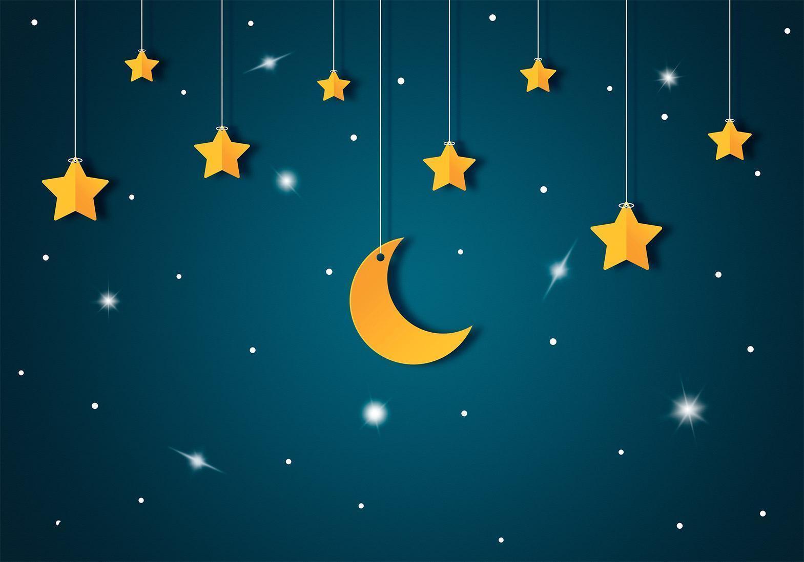 Fototapete - Skyline - turquoise night sky landscape with stars for children Artgeist
