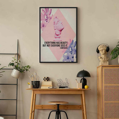 Leinwandbild - Beauty in the Eyes - Inspirational Quote with Pink Bust and Flowers