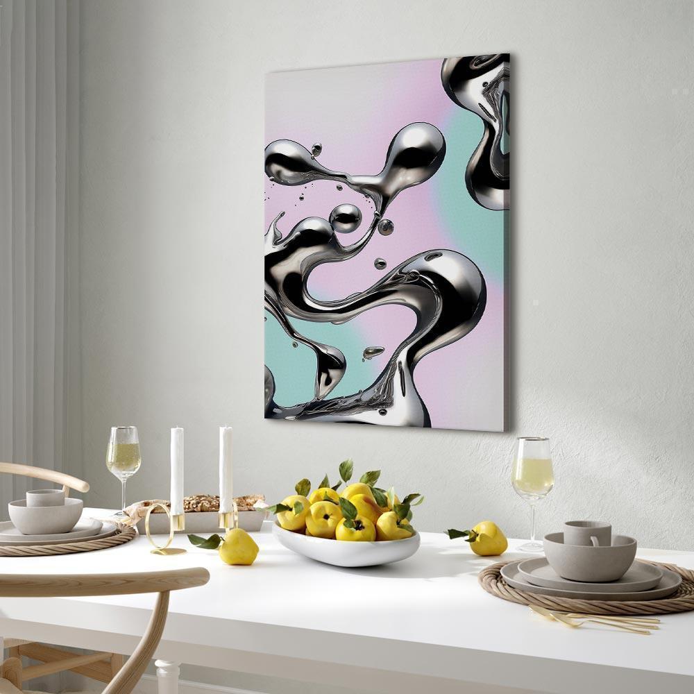 Leinwandbild - Metallic Fluidity - Abstract Silver Forms on a Mint-Purple Background