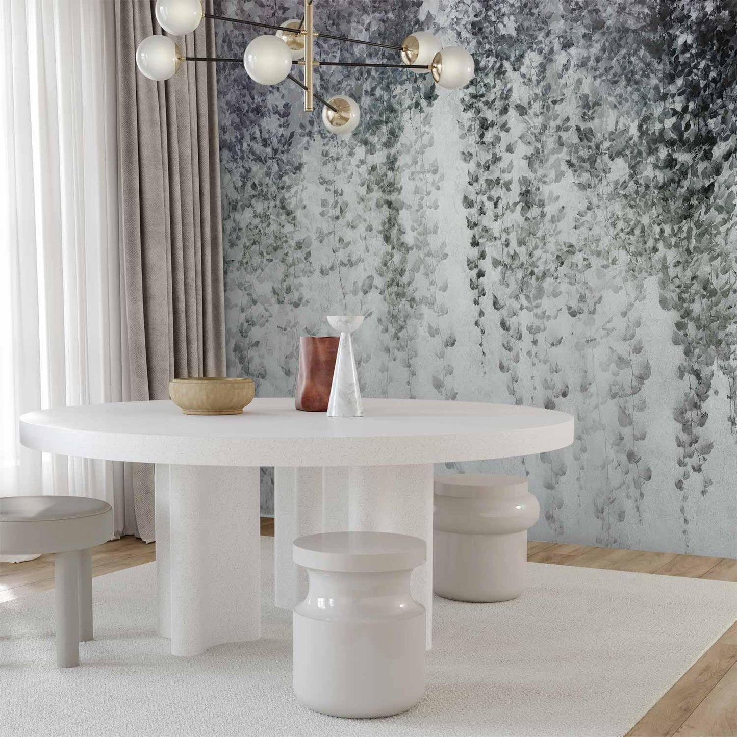 Fototapete - Peaceful oasis - landscape of hanging black leaf vines on a grey background