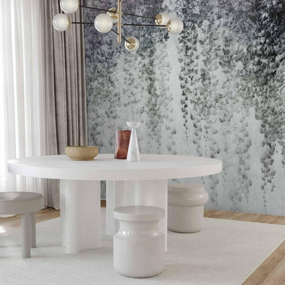 Fototapete - Peaceful oasis - landscape of hanging black leaf vines on a grey background