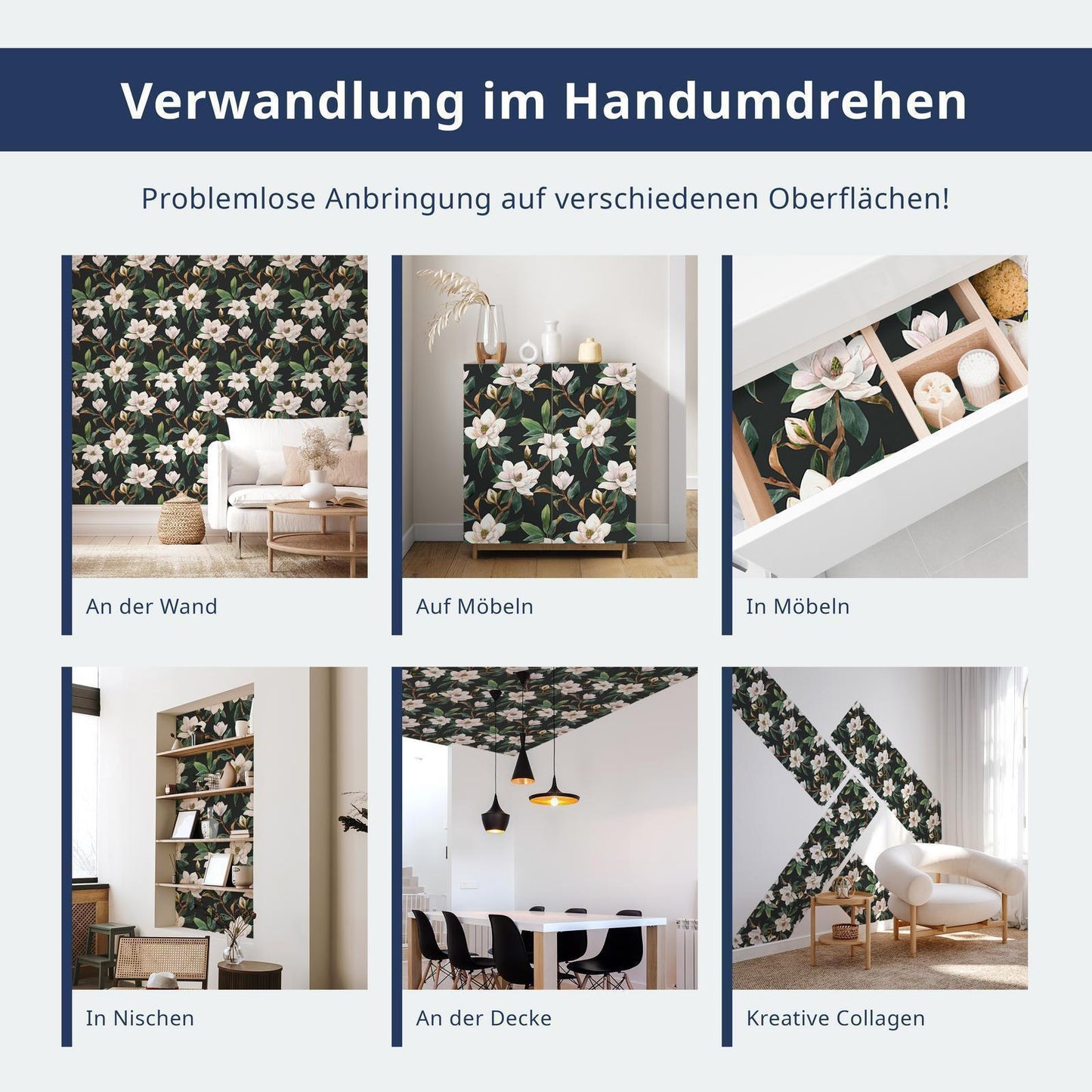 Tapete - Birds and roses - monochrome blue pattern with botanical motif