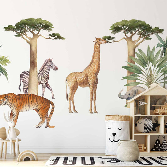 Fototapete - Jungle Animals on White Background Made With Watercolour Technique Artgeist