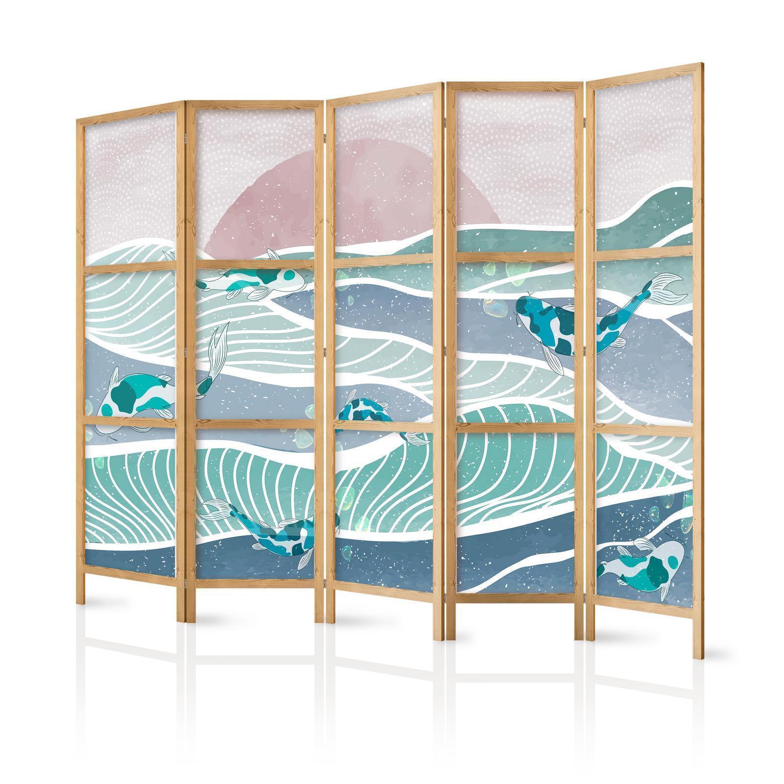 Japanischer Paravent - Koi Fish Among Waves - Japanese Fish Among Waves in Shades of Turquoise and White Artgeist