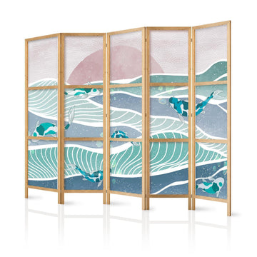 Japanischer Paravent - Koi Fish Among Waves - Japanese Fish Among Waves in Shades of Turquoise and White Artgeist