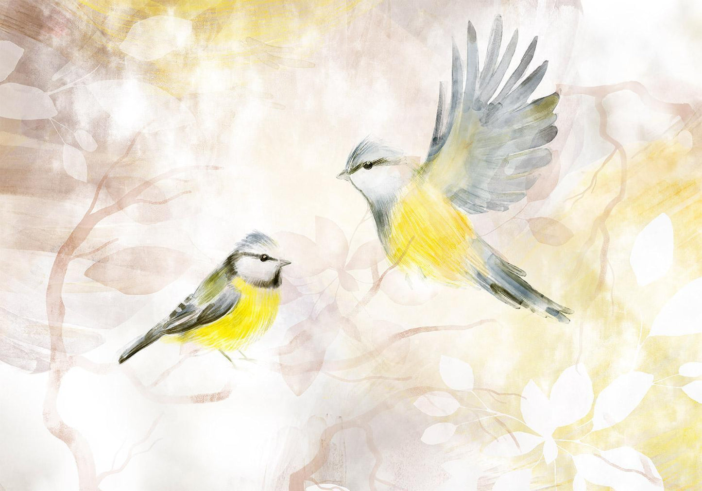 Fototapete - Painted tits - bird motif with patterns in yellow and beige tones Artgeist