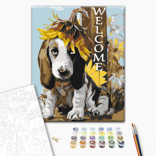 Malen nach Zahlen - Dog and Sunflowers