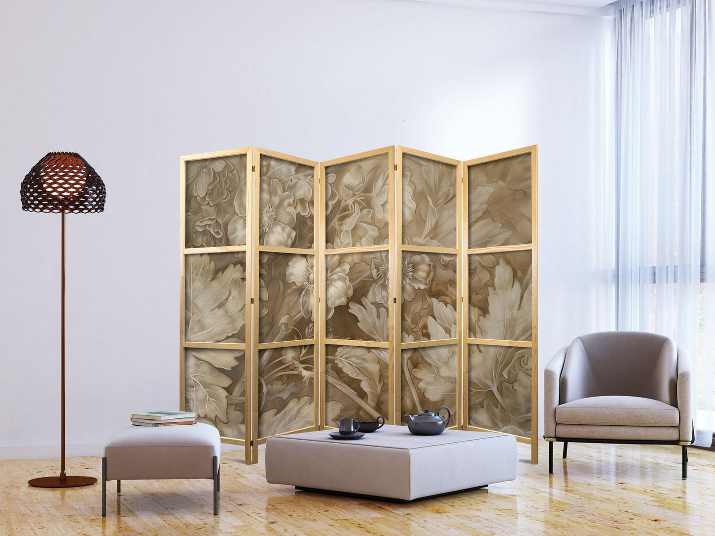 Japanischer Paravent - Carved Baroque Ornaments - Rich Composition in Sepia Colors