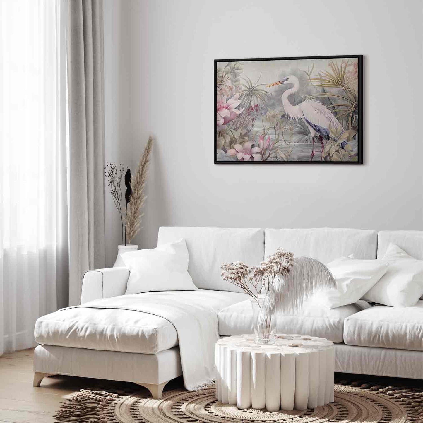 Leinwandbild - Heron wading in a pond - illustration in bright colours