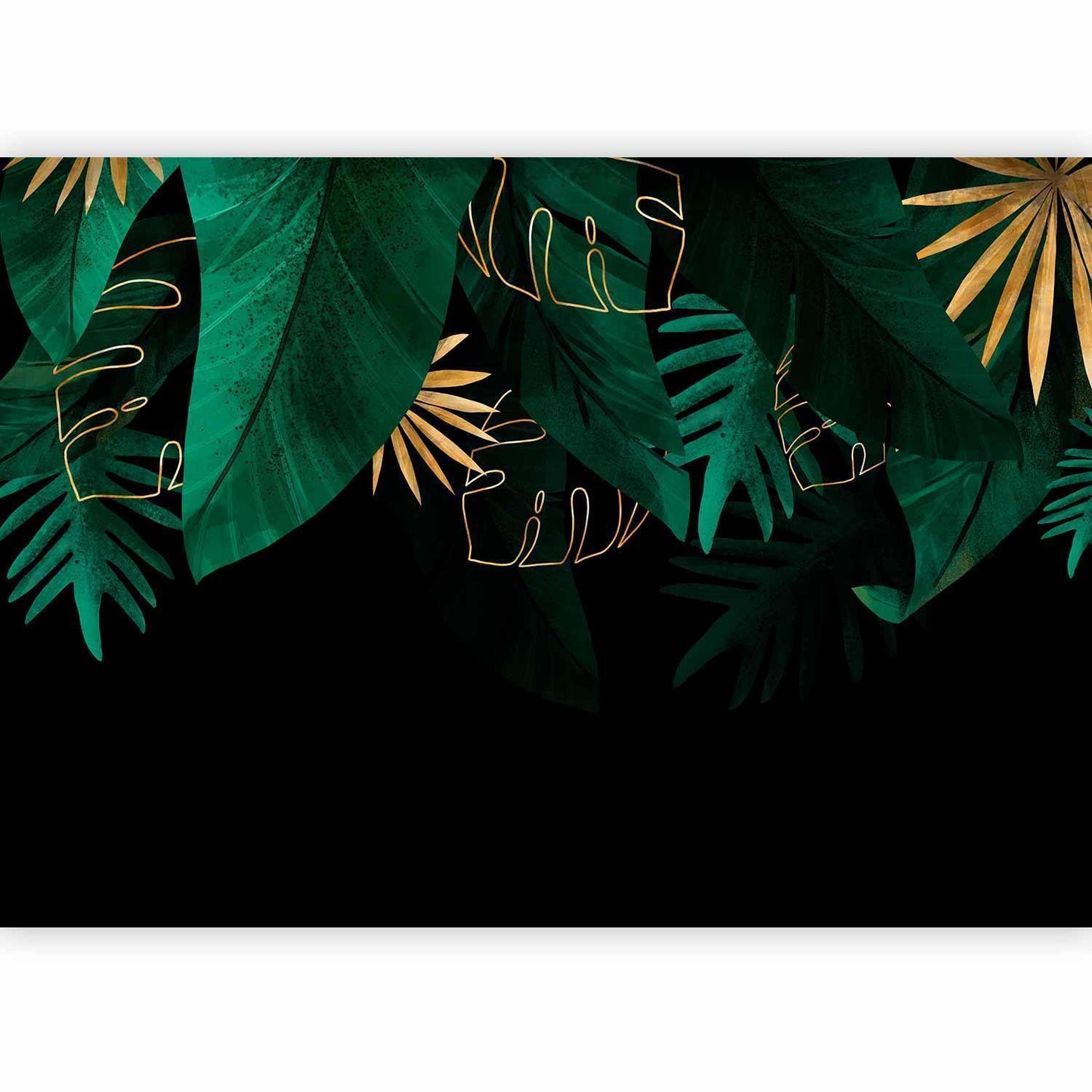 Fototapete - Jungle and composition - motif of green and golden leaves on a black background