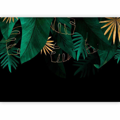 Fototapete - Jungle and composition - motif of green and golden leaves on a black background