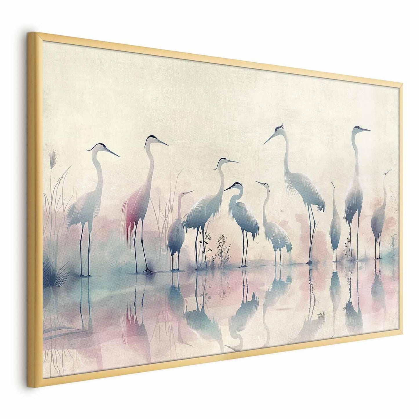 Watercolor herons by the lake poster, delicate gray-pink palette.