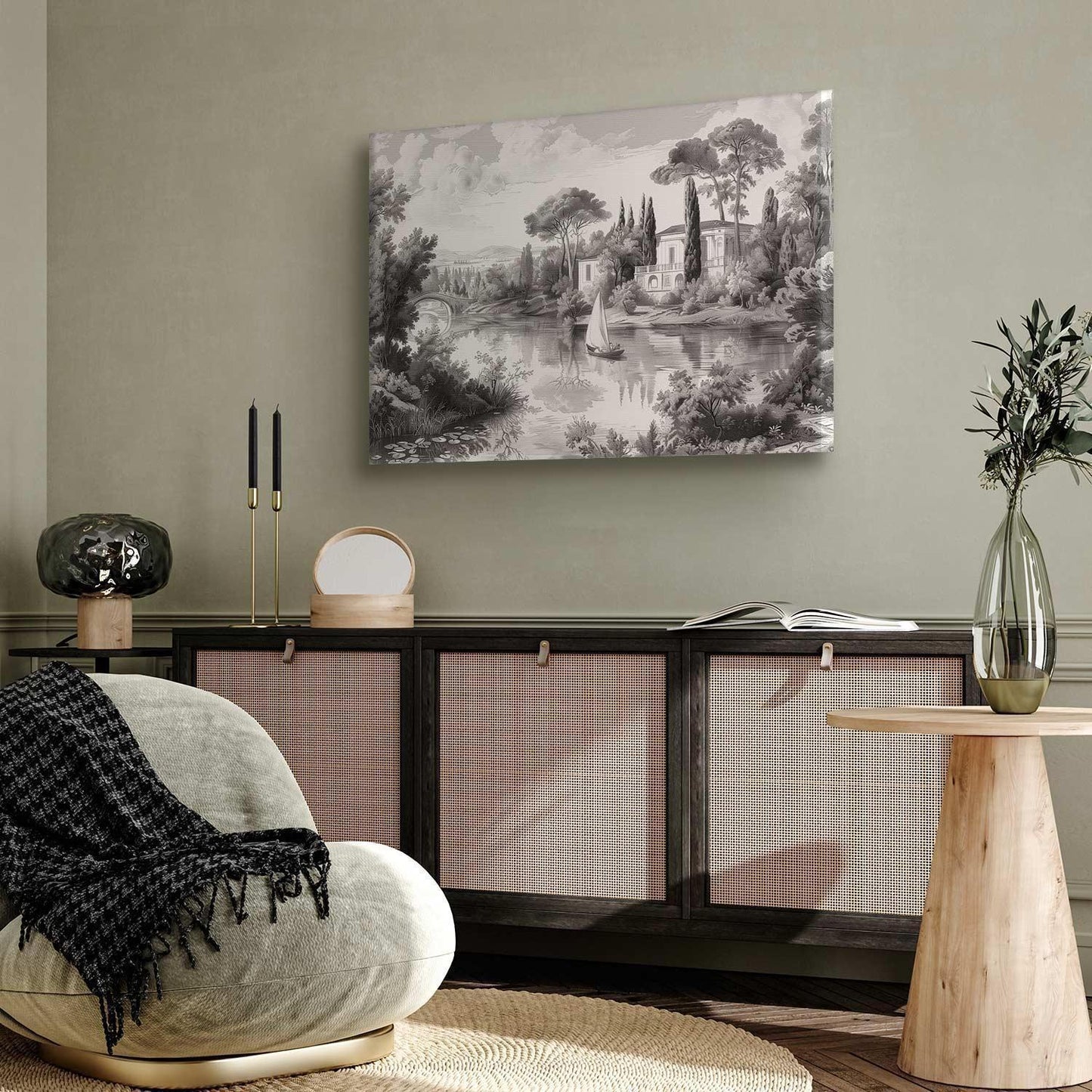 Leinwandbild - Black and White Vintage Landscape Retro View of a Pond with a Boat