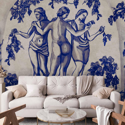 Fototapete - Ancient vineyard - three women in a portal painted with blue ink