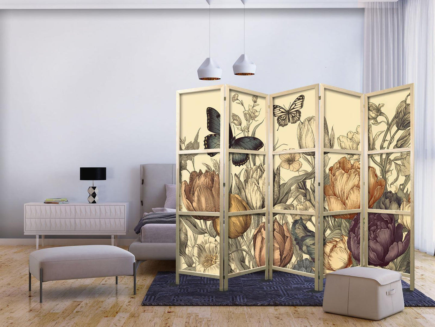 Japanischer Paravent - Tulips in Cream - Illustration of Flowers and Butterflies on a Light Background Artgeist