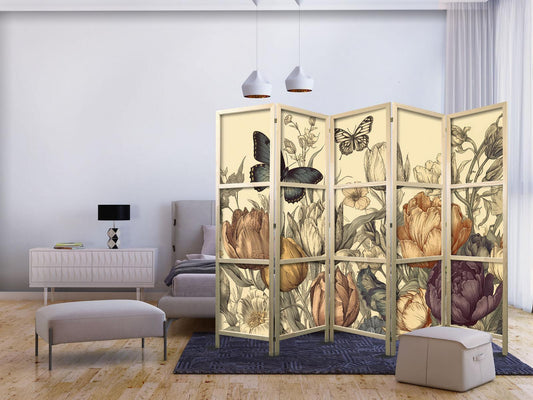 Japanischer Paravent - Tulips in Cream - Illustration of Flowers and Butterflies on a Light Background Artgeist