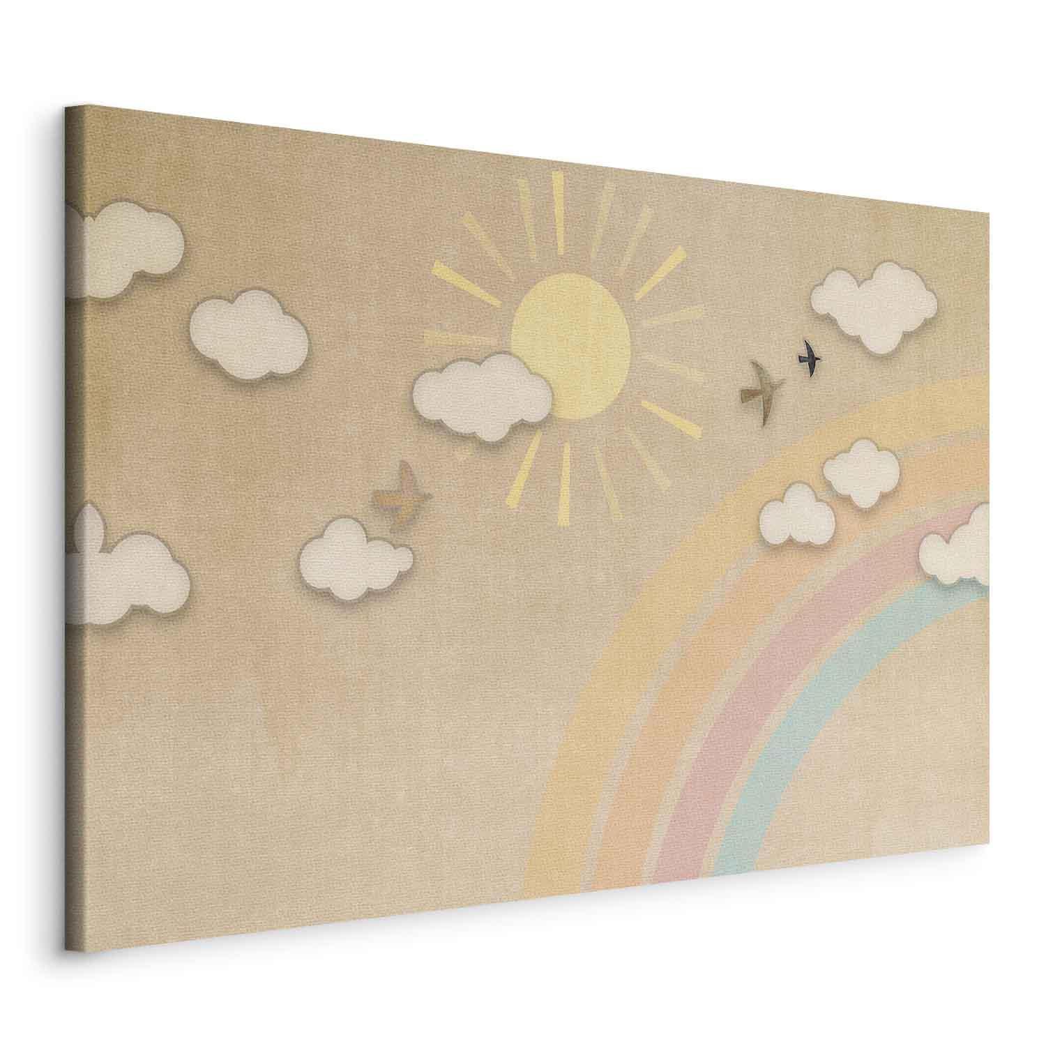 Leinwandbild - Holiday Sky - Sunny Day with a Rainbow and Flying Birds Artgeist