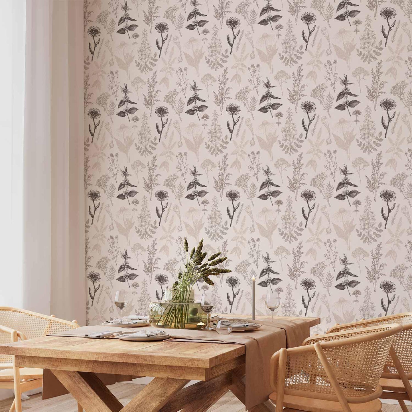 Tapete - Flowers and herbs in warm greys