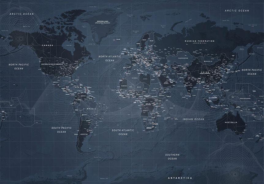 Fototapete - World map in blue - continents with inscriptions in English Artgeist