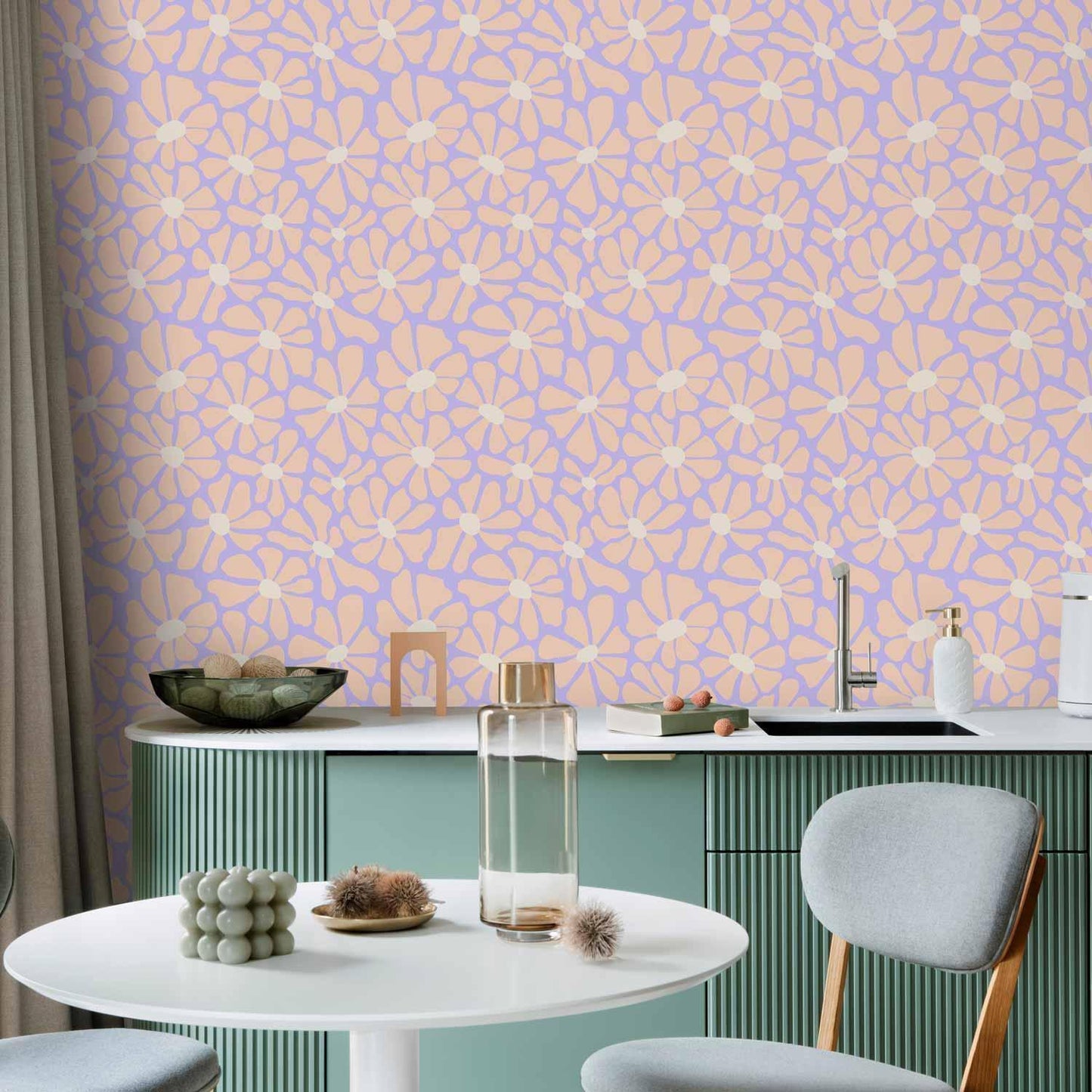 Tapete - Cute Light-Beige Little Flowers - Small flowers with beige - undulating petals on a blue background