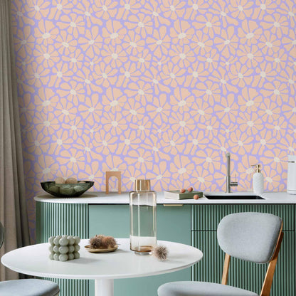 Tapete - Cute Light-Beige Little Flowers - Small flowers with beige - undulating petals on a blue background