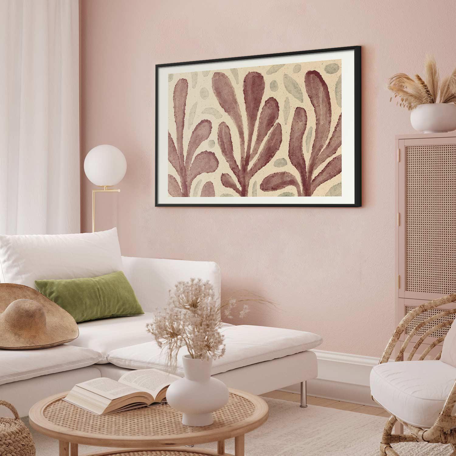 Poster featuring large trembling shapes inspired by Matisse with leaf and spot patterns in a sophisticated living room setting.