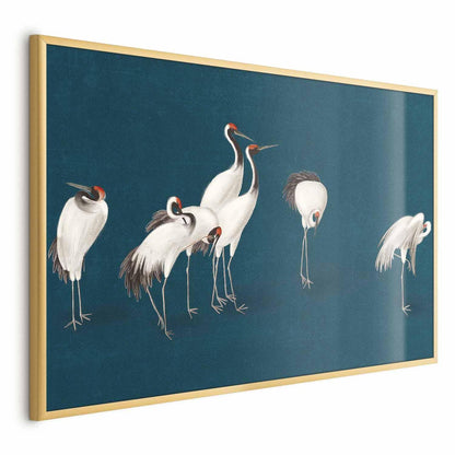 Poster - Evening at the Pond - group of cranes drawn in dry pastel on a dark turquoise background Artgeist