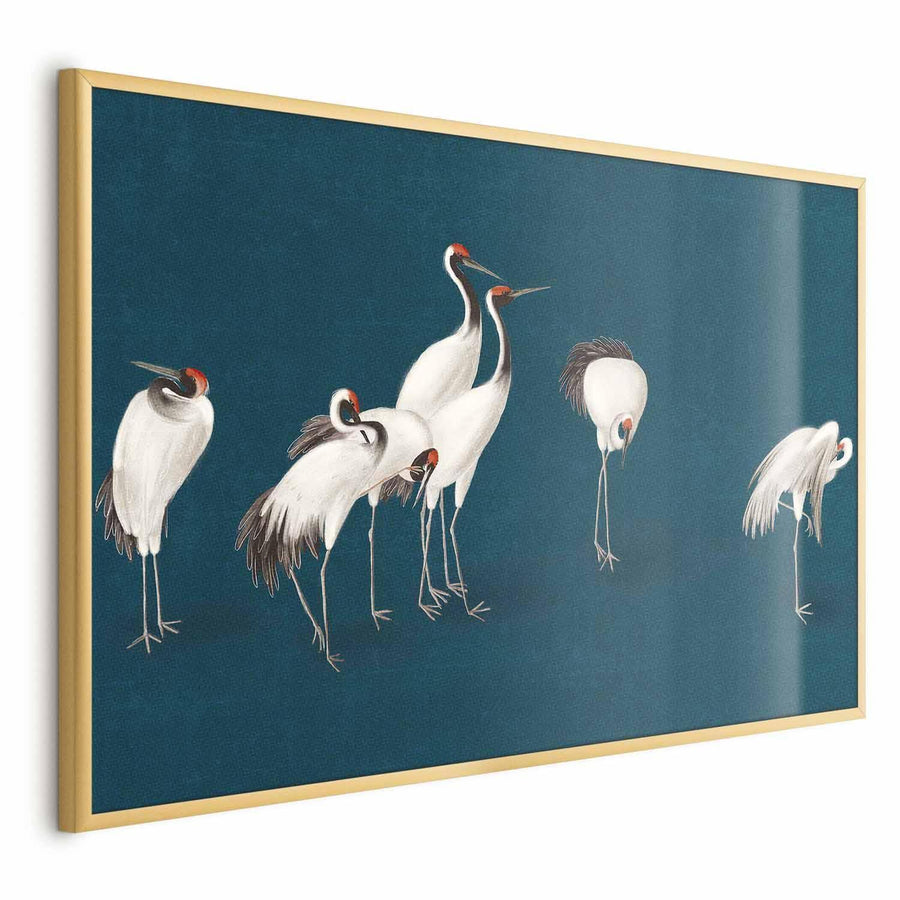 Poster - Evening at the Pond - group of cranes drawn in dry pastel on a dark turquoise background Artgeist